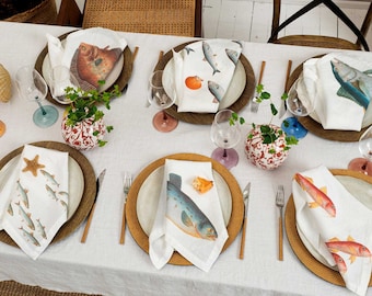 Set of White Linen Napkins with Sea Fish Prints, Mediterranean table decor