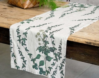 Linen table runner with Ivy print, Lodge table decor idea, Woodland table decor