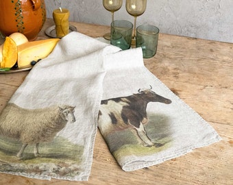 Set of Linen Kitchen Towels With Cow and Sheep Prints, Farm Animals Design Tea Towels, Printed Country House Kitchen Towel