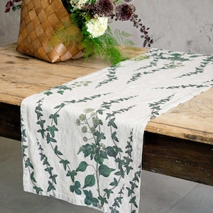 Linen table runner with Ivy print, Lodge table decor idea, Woodland table decor image 1