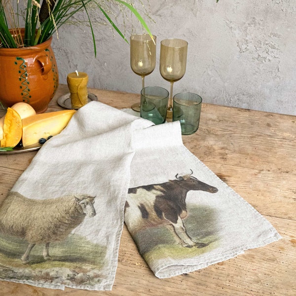 Set of Linen Kitchen Towels With Cow and Sheep Prints, Farm Animals Design Tea Towels, Printed Country House Kitchen Towel