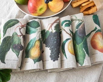 Set of Natural Linen Napkins with Fruit Prints, Spring Cloth Dinning Napkins, Rustic Cottage Table Decor