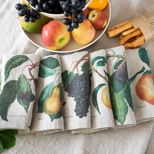 Set of Natural Linen Napkins with Fruit Prints, Spring Cloth Dinning Napkins, Rustic Cottage Table Decor