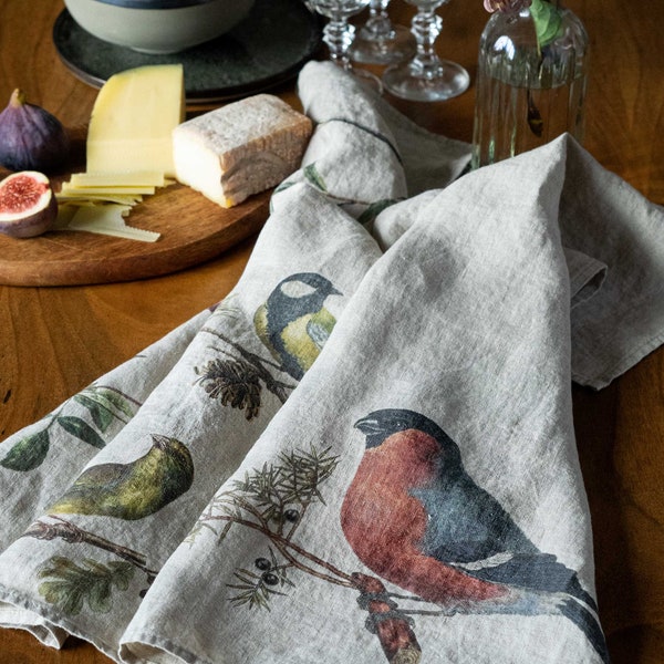 Set of Linen Kitchen Towels With Small Birds Prints, Garden Warbler Tea Towels, Printed Country House Kitchen Towel