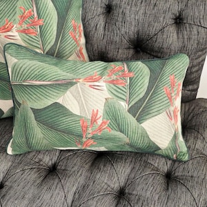 Tropical print linen lumbar pillow with piping, 20x12 Canna Leaves Throw Pillow, Botanical Accent Pillow, Jungle Decorative Cushion image 1