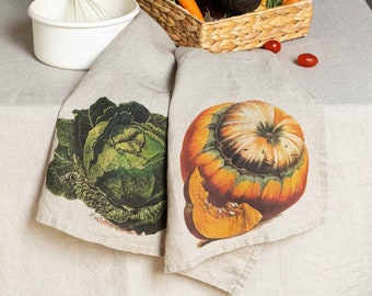 Set of Linen Kitchen Towels With Pumpkin and Cabbage Prints, Vegetable Tea Towels, Printed Kitchen Towel, Harvest Washed Linen Tea Towel
