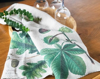 Set of Linen Kitchen Towels With Oak and Horse Chestnut Prints, Tree Design Tea Towels, Printed Botanical Kitchen Towel