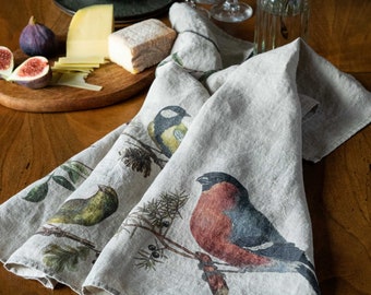 Set of Linen Kitchen Towels With Small Birds Prints, Garden Warbler Tea Towels, Printed Country House Kitchen Towel