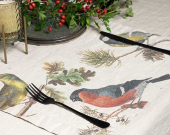 Linen placemats set with small birds print, Garden bird cloth place mats, Christmas table decor idea