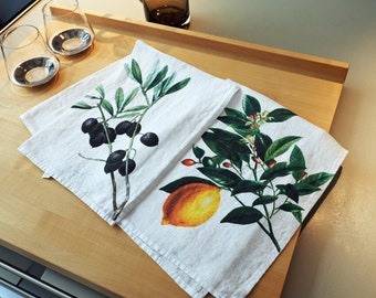 Set of 2 Linen Kitchen Towels with Botanical Prints, Lemon and Olive Print Tea Towel Set, Printed Dish Towel, Farmhouse Kitchen Decor