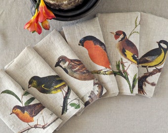 Set of Linen Napkins with Garden Birds, Cloth Dinning Napkins, Little Birds Table Decor