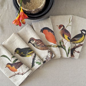 Set of Linen Napkins with Garden Birds, Cloth Dinning Napkins, Little Birds Table Decor