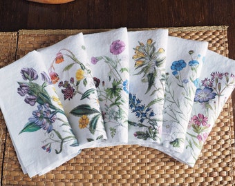 Set of Linen Napkins with Wild Flowers, Botanical Cloth Dinning Napkins, Floral Table Decor, Farmhouse Spring Decor