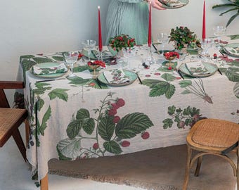 Natural Linen Tablecloth with Berries Print, Rustic Table Cloth, Garden Table Decor