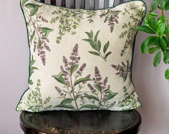 Fine Herbs Linen Cushion Cover with Piping, Botanical Square Throw Pillow, Accent Decorative Cushion