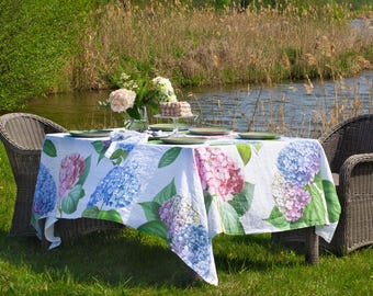 White Linen Tablecloth with Hydrangea Prints, Bold Floral Table Decor