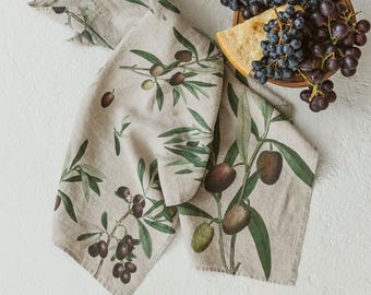 Linen Kitchen Towel set with Mediterranean Olives Print