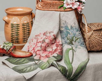 Linen Kitchen Towels Set, Hydrangea and Agapanthus Floral Prints