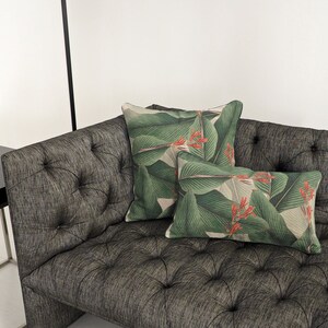 Tropical print linen lumbar pillow with piping, 20x12 Canna Leaves Throw Pillow, Botanical Accent Pillow, Jungle Decorative Cushion image 3