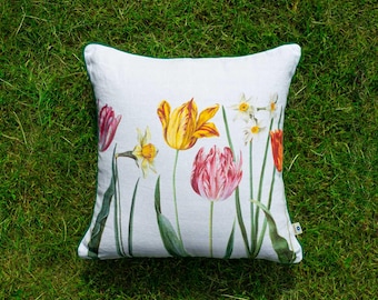 Tulips and Daffodil Floral Linen Cushion Cover, Botanical Accent Pillow