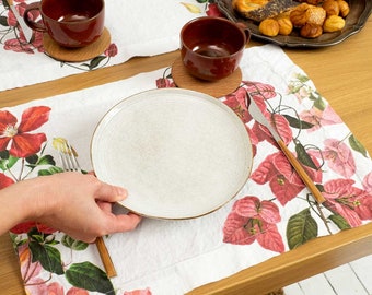 White Linen place mats set with Leather flower and Bougainvillea print, Pink Botanical cloth place mats, Floral placemat, Linen table mat