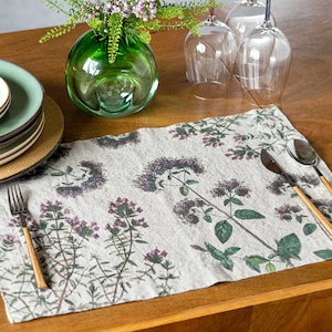 Juego de manteles individuales de lino con estampado de tomillo y orégano, manteles individuales de tela con motivos botánicos, mantel individual con diseño de hierbas, decoración de mesa con especias