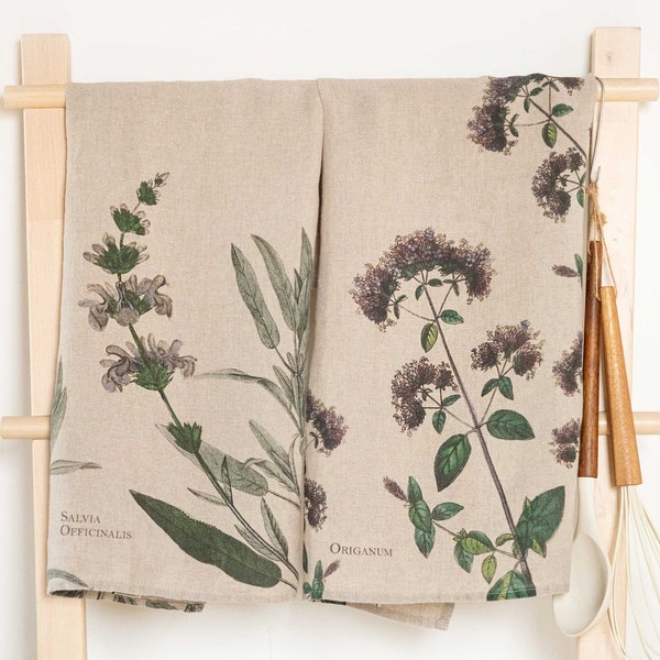 Set of Linen Kitchen Towels With Aromatic Herbs Prints, Botanical Sage and Oregano Tea Towels, Printed Dish Towel