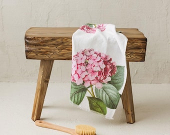 Linen Hand Towel with Hydrangea Print, Floral Bathroom Decor, Botanical Towel