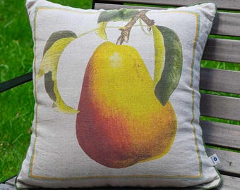 Pear Linen Cushion Cover with Piping, Fruit Square Throw Pillow