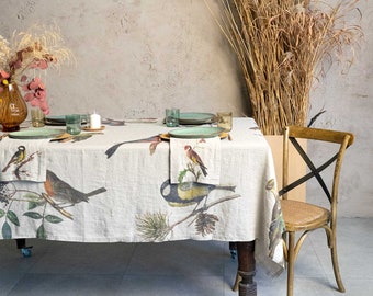 Natural Linen Tablecloth with Garden Birds Prints, Woodland Table Cloth, Small Bird Table Decor