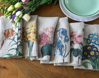 Set of Natural Linen Floral Napkins, Botanical Cloth Dinning Napkins, Garden Flowers Cottage Table Decor