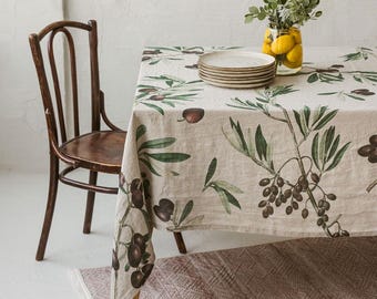 Natural Linen Tablecloth with Olive Prints, Mediterranean Table Cloth, Botanical Table Decor