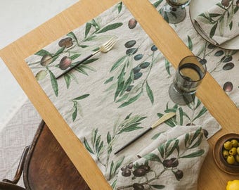 Linen Placemats Set with Olives Print, Mediterranean Table Decor