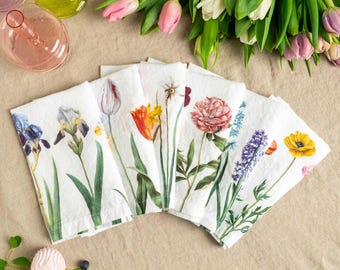 White Linen Napkins with Spring Flowers, Botanical Print, Set of 6