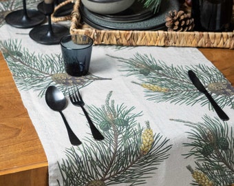Linen table runner with pine print, Lodge table decor idea, Woodland Christmas table decor