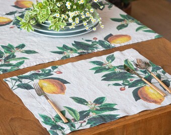 Linen placemats set with Lemon print, Botanical cloth place mats, Citrus design placemat, Mediterranean table decor