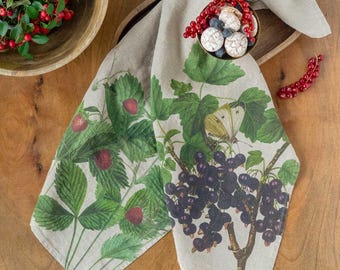 Linen Kitchen Towel set with Wild Strawberry and Black Currant Print