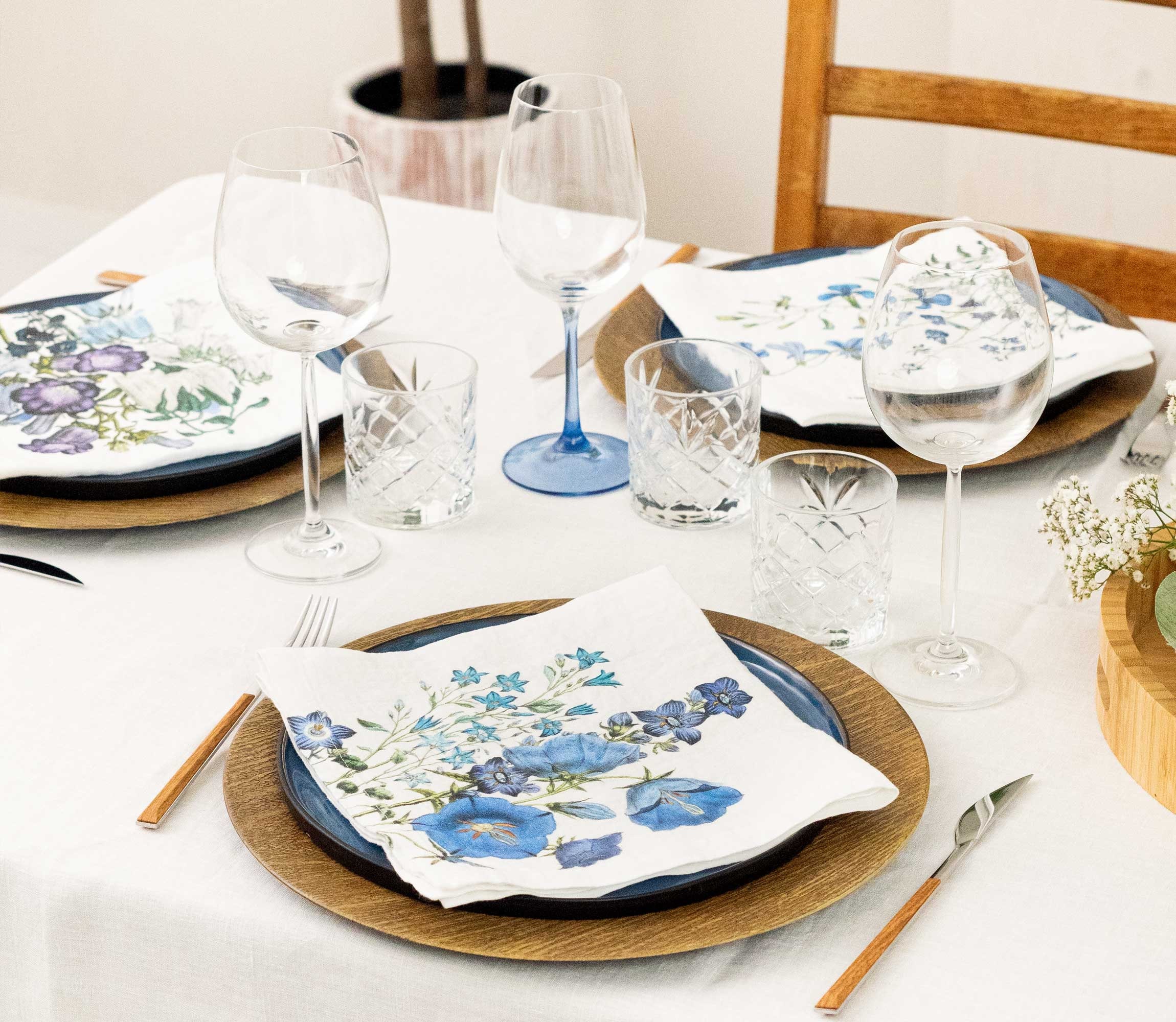 White Linen Napkin Set with Multi-color Signature Floral