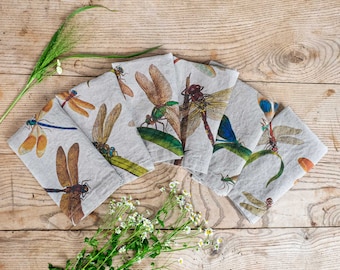 Set of Linen Napkins with Lakeside Dragonflies, Summer Cloth Dinning Napkins, Dragonfly Table Decor