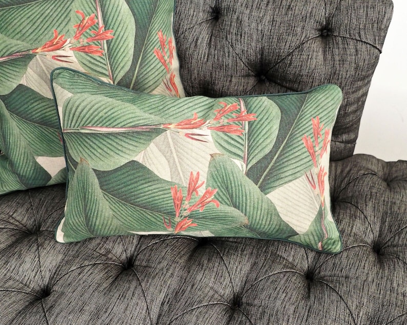 Tropical print linen lumbar pillow with piping, 20x12 Canna Leaves Throw Pillow, Botanical Accent Pillow, Jungle Decorative Cushion image 1