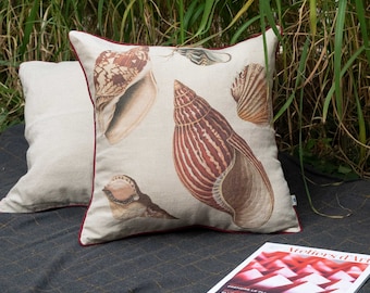 Seashells Natural Linen Cushion Cover with Piping, 18x18 Square Coastal Throw Pillow, Red Nautical Accent Decorative Cushion