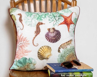 Ocean Animals Linen Cushion Cover with Piping, Nautical Square Throw Pillow, Accent Decorative Cushion