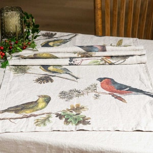 Leinen Tischläufer mit Vogel Print, Rustikales Landhaus Dekor
