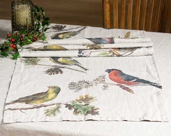 Natural Linen Table Runner with Small Birds Print, Rustic Table Decor, Country House Cloth Table Runner, Songbirds Table Decor