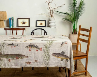 Natural Linen Tablecloth with Fish Prints, Lakeside Cabin Table Decor