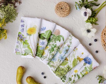 White Linen Napkins with Wild Field Flowers, Botanical Print, Set of 6