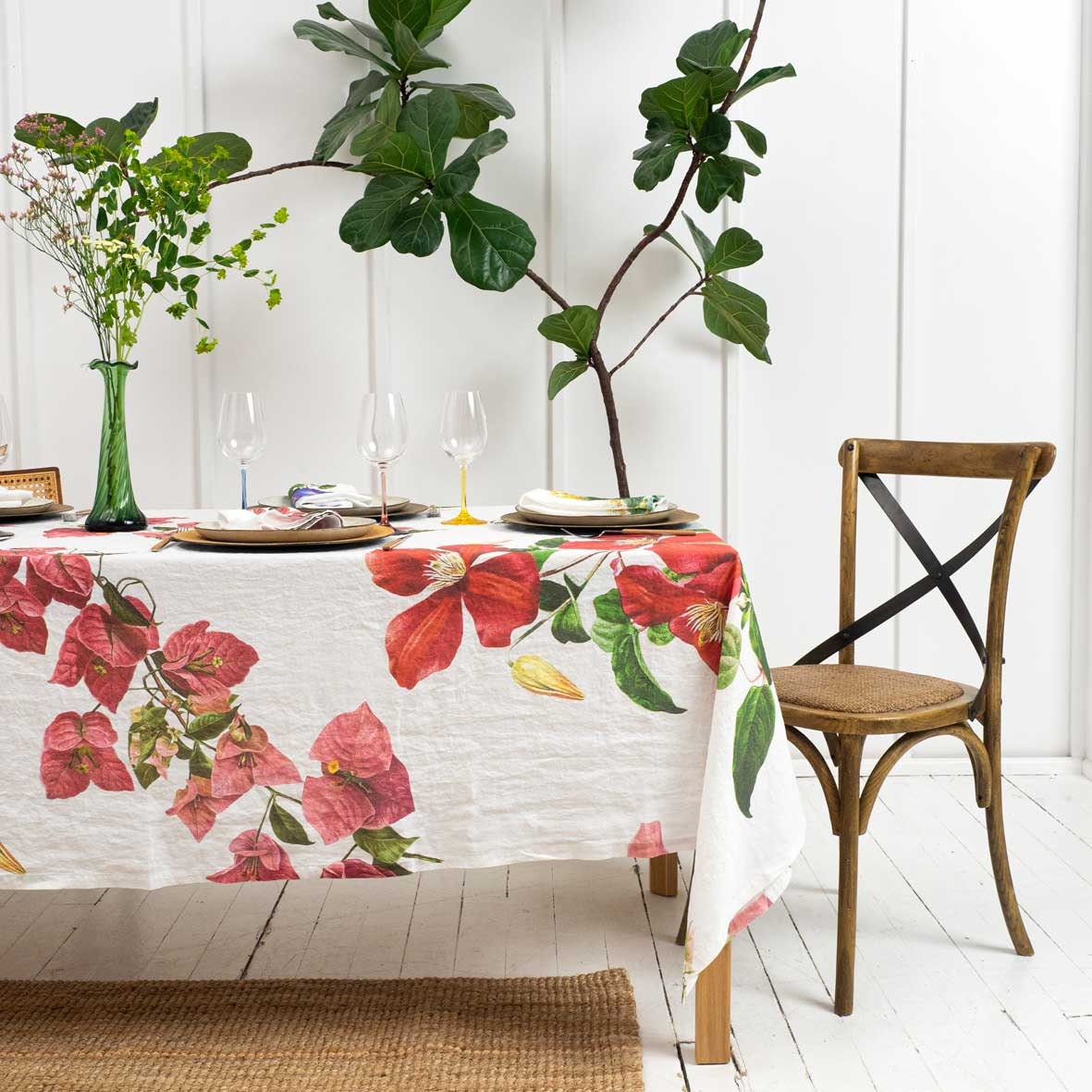 White Linen Tablecloth with Climbing Flowers, Pink and Red Floral Table Cloth, Botanical Table Decor