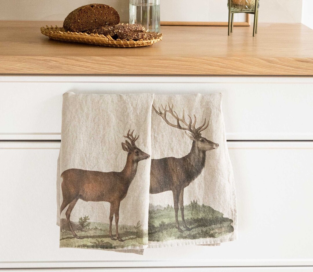 Set of Linen Kitchen Towels With Deer and Roe Deer Prints, Wild Animals
