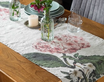 Floral Linen Table Runner with Hydrangea Print, Botanical Hortensia Table Decor, Cloth Table Runner with flowers design
