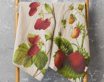 Set of Natural Linen Garden Berries Kitchen Towels, Strawberry and Raspberry Print Tea Towel Set, Cottage Dish Towel